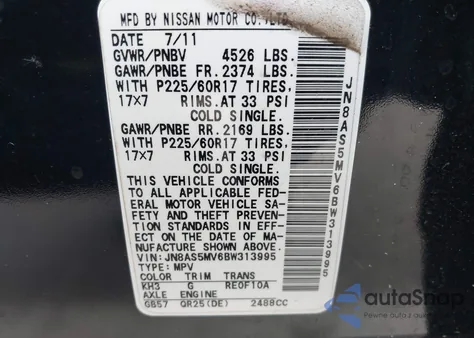 2011 Nissan Rogue Sv from USA, damaged, VIN JN8AS5MV6BW313995